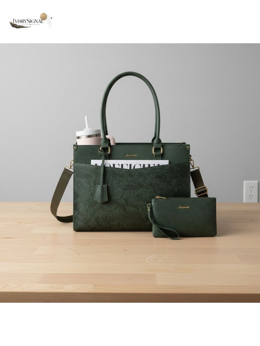 Waterproof Faux Leather Laptop Tote Bag for Women with Removable Clutch, Fits